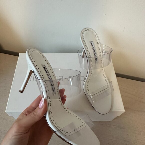 NWT Manolo Blahnik Scolto 90 Sandals White Leather Sz 36.5 Clear PVC Strap - Picture 5 of 10